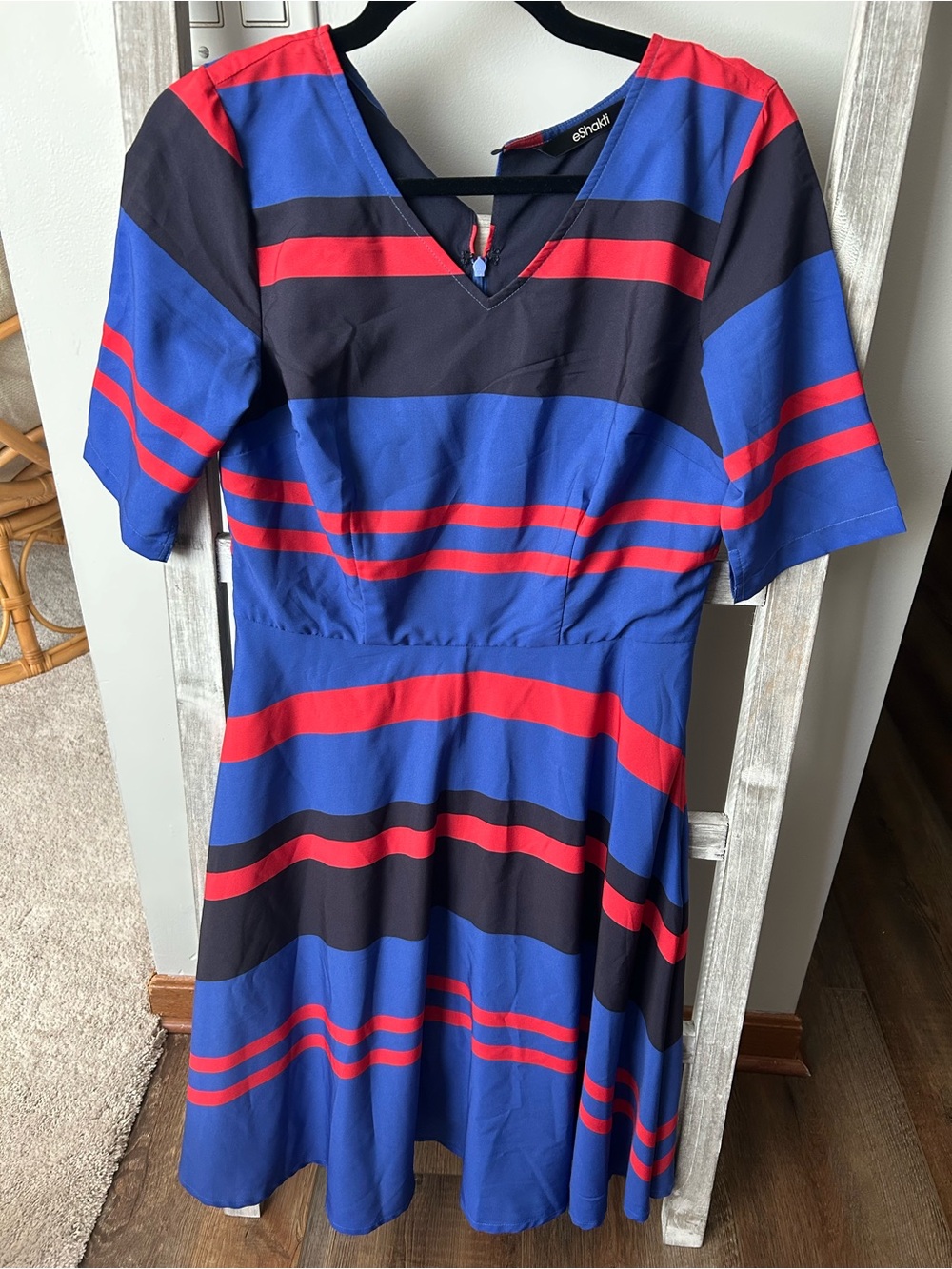 eshakti Blue and Red Striped V-Neck Dress